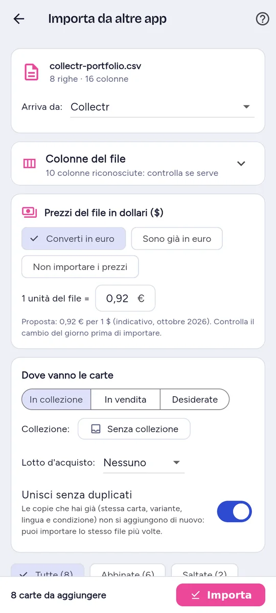 Anteprima dell'import di un file di Collectr con le carte abbinate al catalogo