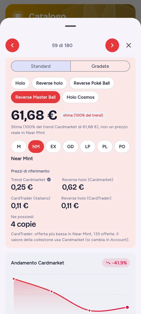 Scheda di Umbreon di Evoluzioni Prismatiche con le varianti Poké Ball e Master Ball e il prezzo della variante scelta